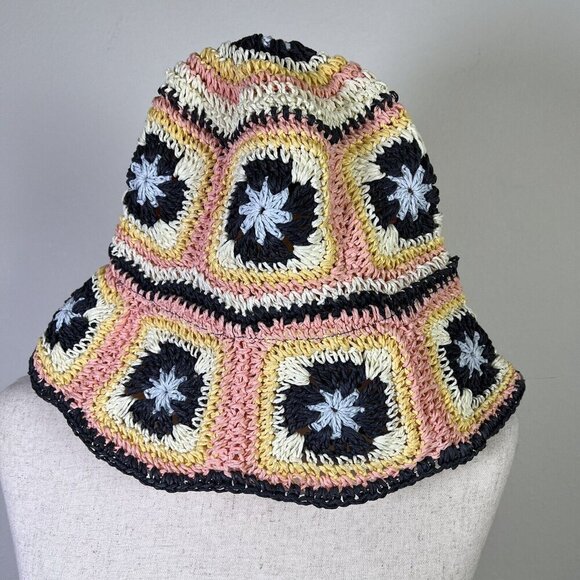 O'Neill Nadie Hat Women’s Crochet Sunhat Bucket Pink Blue Granny Square Beach - Picture 2 of 6